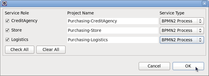 Dialog for specifying the service generation information information for each role in the source model