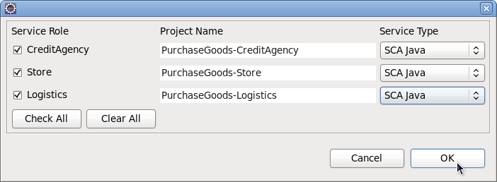 Dialog for generating SCA Java based services