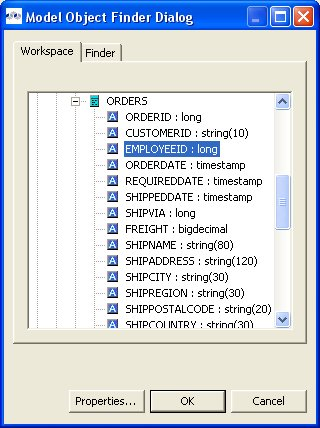 Model Object Finder Dialog - Workspace Tab