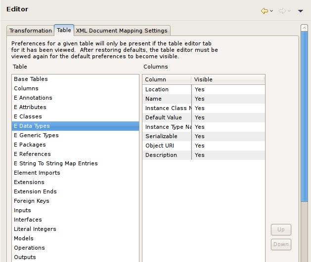Table Editor Preferences Panel