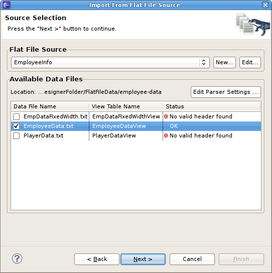 Flat File Source Selection Page