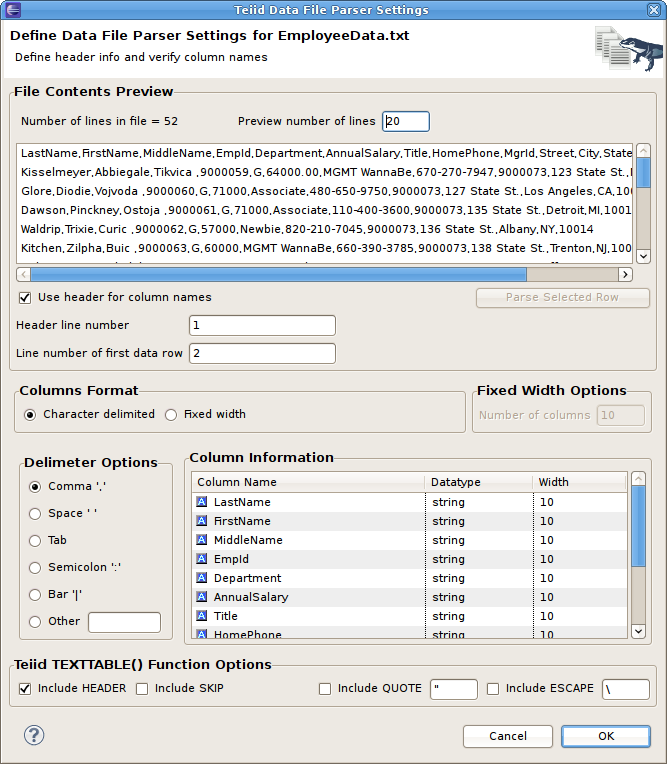 Teiid Data File Parser Settings