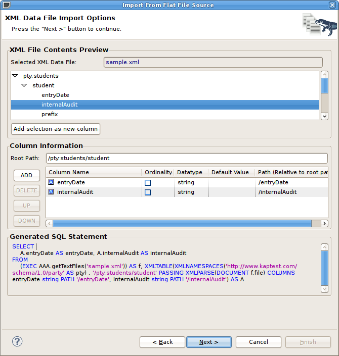 Flat File Delimited Columns Options Page