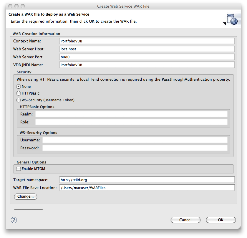 Generate a JBossWS-CXF War Web Service Dialog