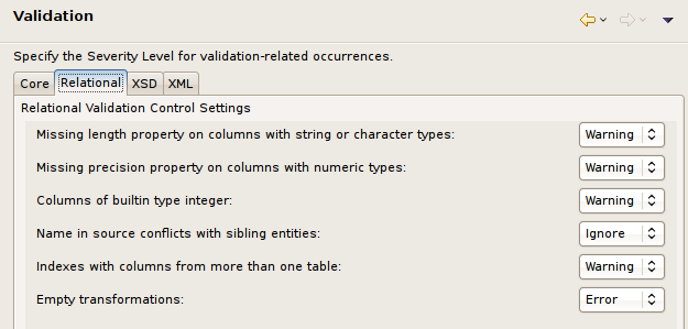 Relational Model Validation Preferences Panel