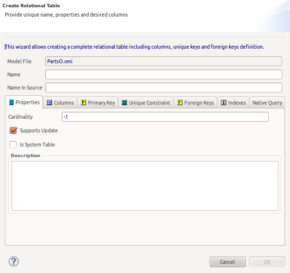 Create Relational Table Dialog