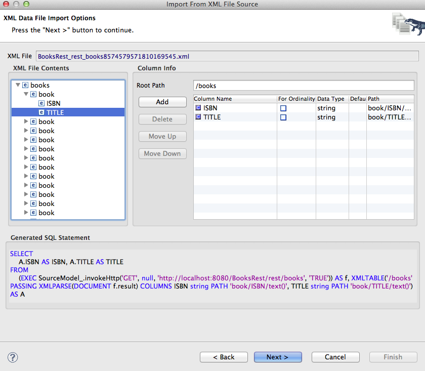 REST Service Columns Selection Page