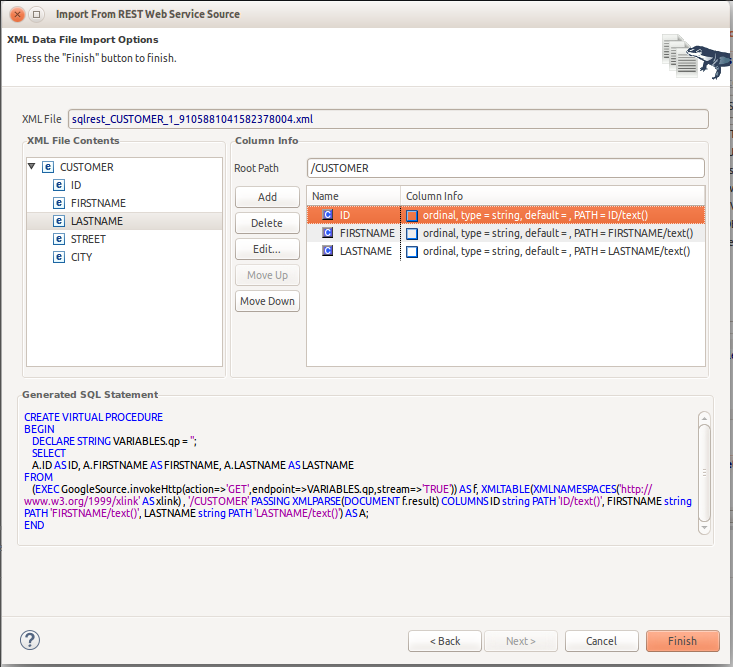 REST Service Columns Selection Page