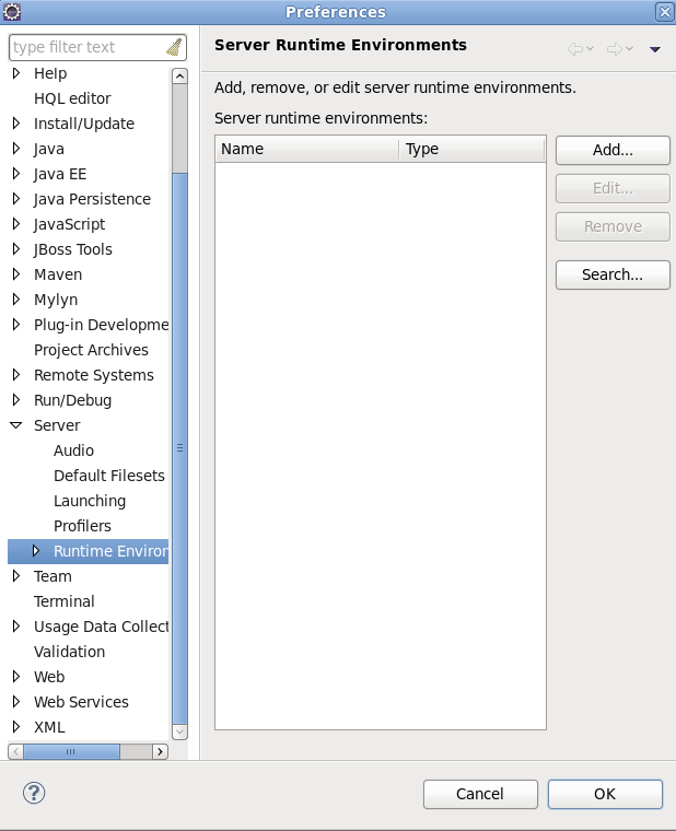 Server Runtime Environments preferences