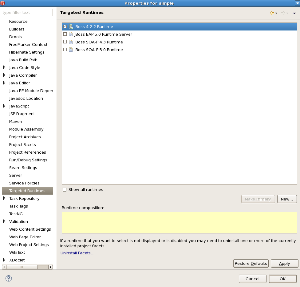The JBoss 4.2.2 Runtime is displayed as selected to show how the user will be greeted by this property window.