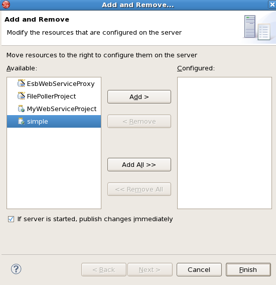 The simple project is highlighted about the Add button about to be pressed to configure it for the server.