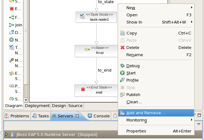 The servers right-click menu is displayed with the Add and Remove option highlighted for selection.