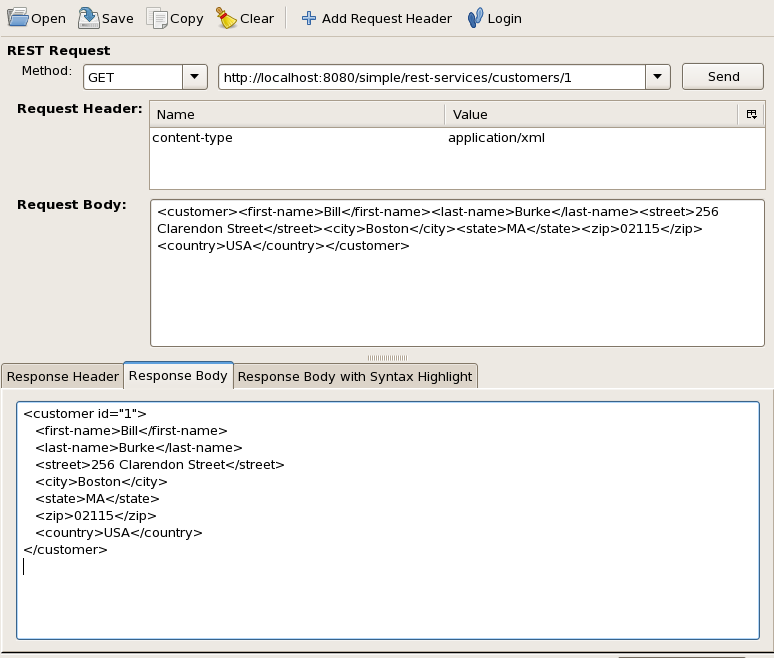 The customer information is displayed in the Response Body tab of the REST Client.