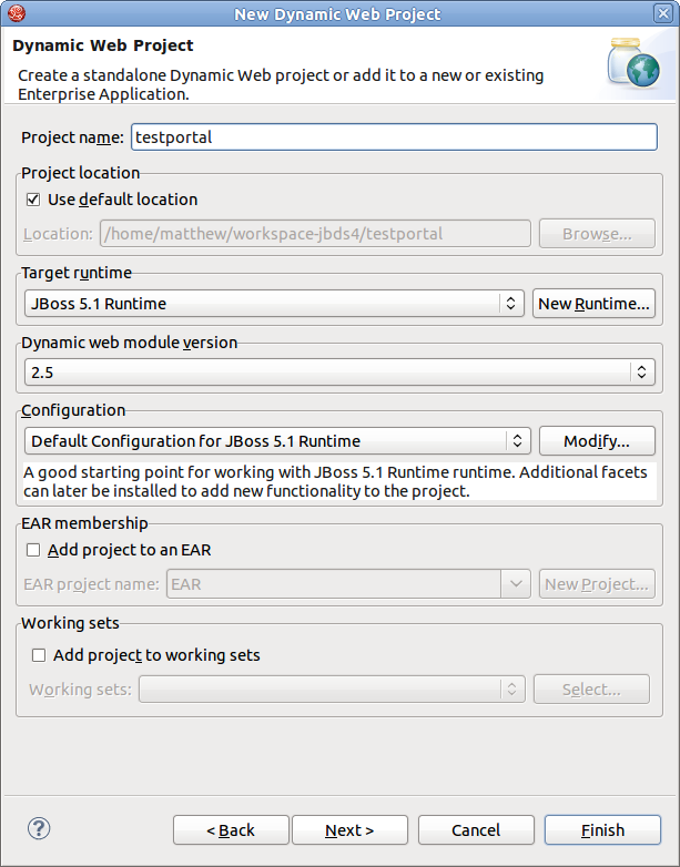 The Dynamic Web Project wizard streamlines the creation of a JBoss Portal application.