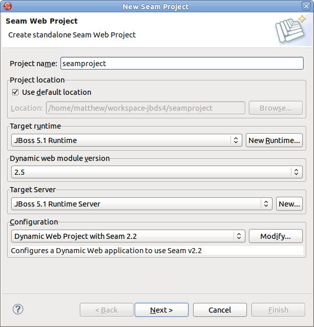 The New Seam Project wizard, used to configure a Seam project.