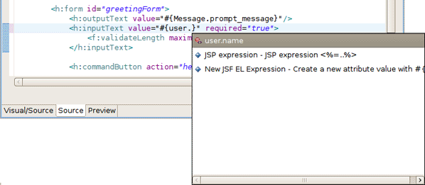 Content Assist with JSF code completion suggestions.