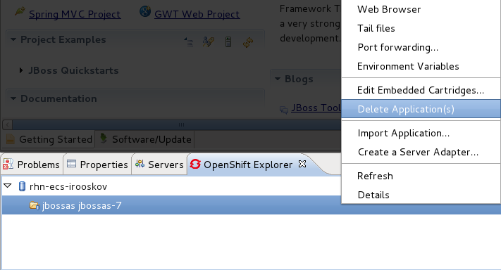 Selecting the Delete Application(s) menu item.