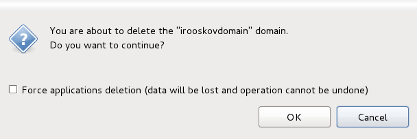 Dialog box to confirm removal of domain.