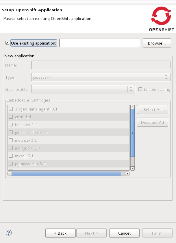 Selecting to use an existing application from the setup OpenShift application screen.