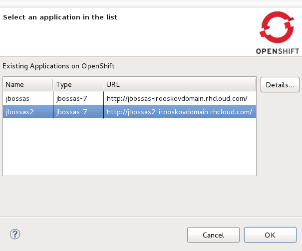 Selecting to use an existing application from the setup OpenShift application screen.