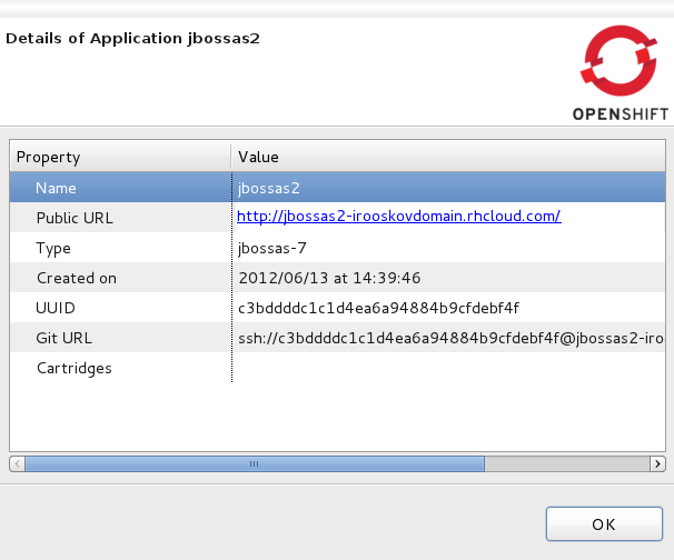Selecting to use an existing application from the setup OpenShift application screen.