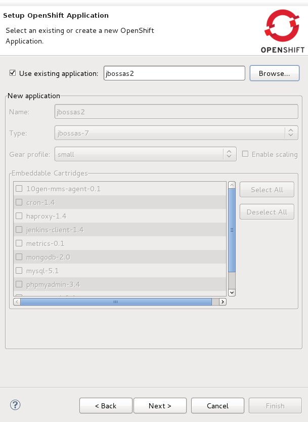 Selecting to use an existing application from the setup OpenShift application screen.