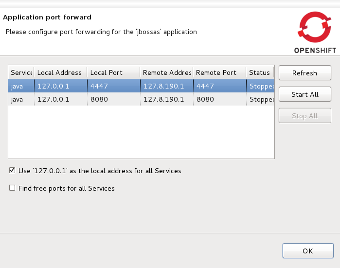 The Application port forward dialog window.
