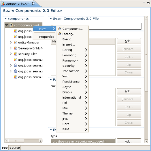 The Seam Components Editor, displaying the components in a hierarchical tree.
