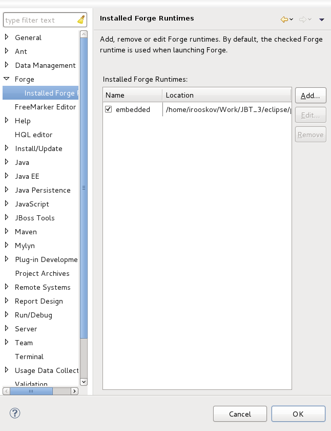 Forge runtime preferences page.