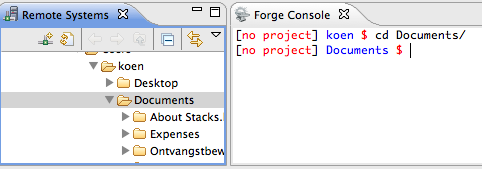 Showing that the Remote Systems view is linked to what occurs in the Forge Console view.
