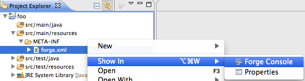 Opening a file in Forge from the Project Explorer.