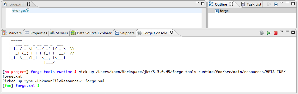 Having executed the menu option on a file, the file is now opened in an editor and the Forge runtime context has changed.