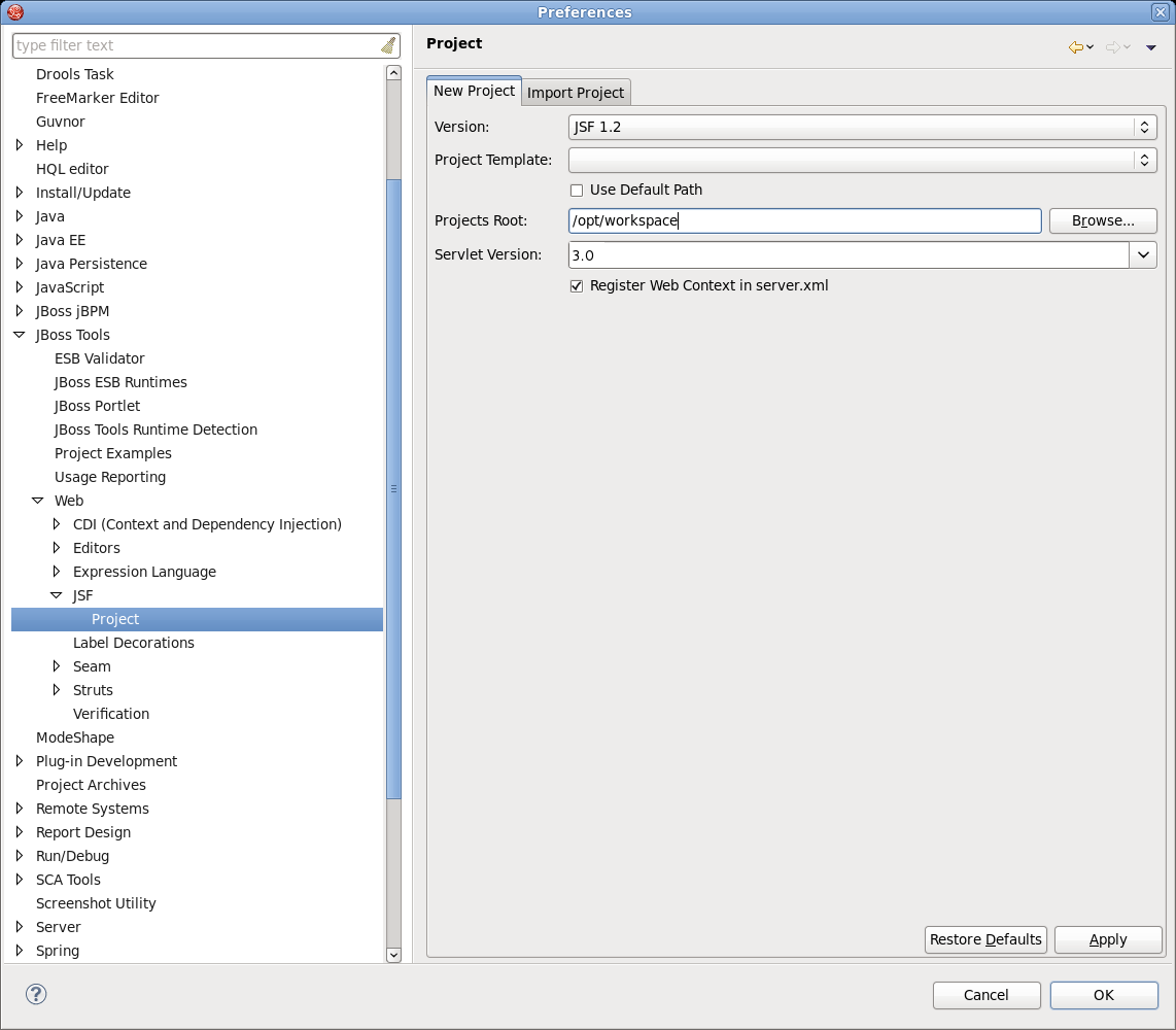 New JSF Project Preferences