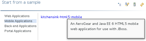 The Start from a sample wizards create sample web, mobile, back-end and portal applications. To view a project summary, hover the cursor over a project wizard.