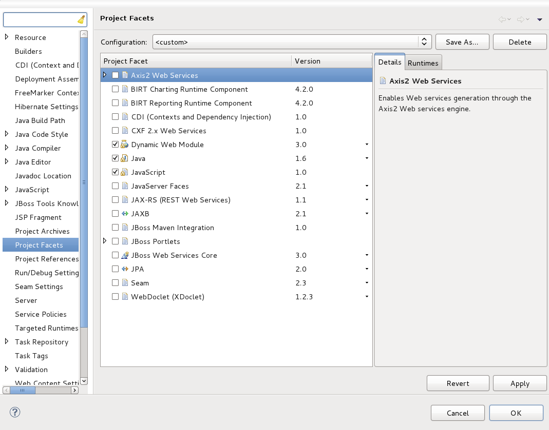 The Project Facets properties screen.