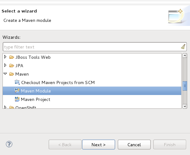 Wizard selection screen with the Maven Module wizard selected.