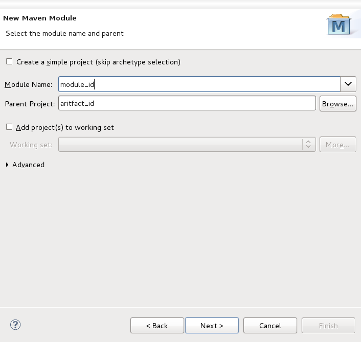 The Select a parent project screen with the Parent Project field now containing the name of the selected project.