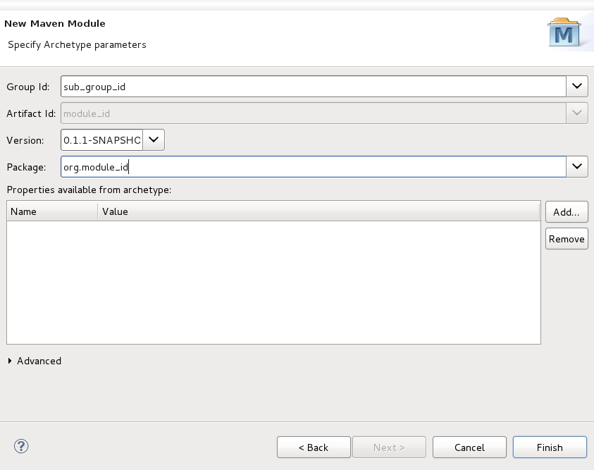 Specifying the settings to be used by the archetype for the module being created.