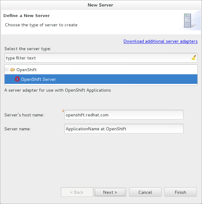 From the list of server types, expand OpenShift and select OpenShift Server.
