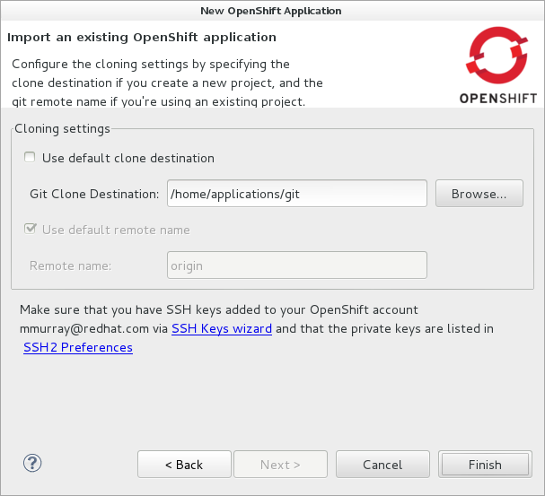 The Location field shows the location that will be used for the local Git repository. The location must already exist to be able to proceed with the wizard. To change the location, clear the Use default location check box and type the location in the Location field or click Browse to navigate to the desired location.