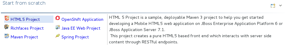 The Start from scratch wizards create the same project using different underlying technology, as started in the project name. To view a project summary, hover the cursor over a project wizard.