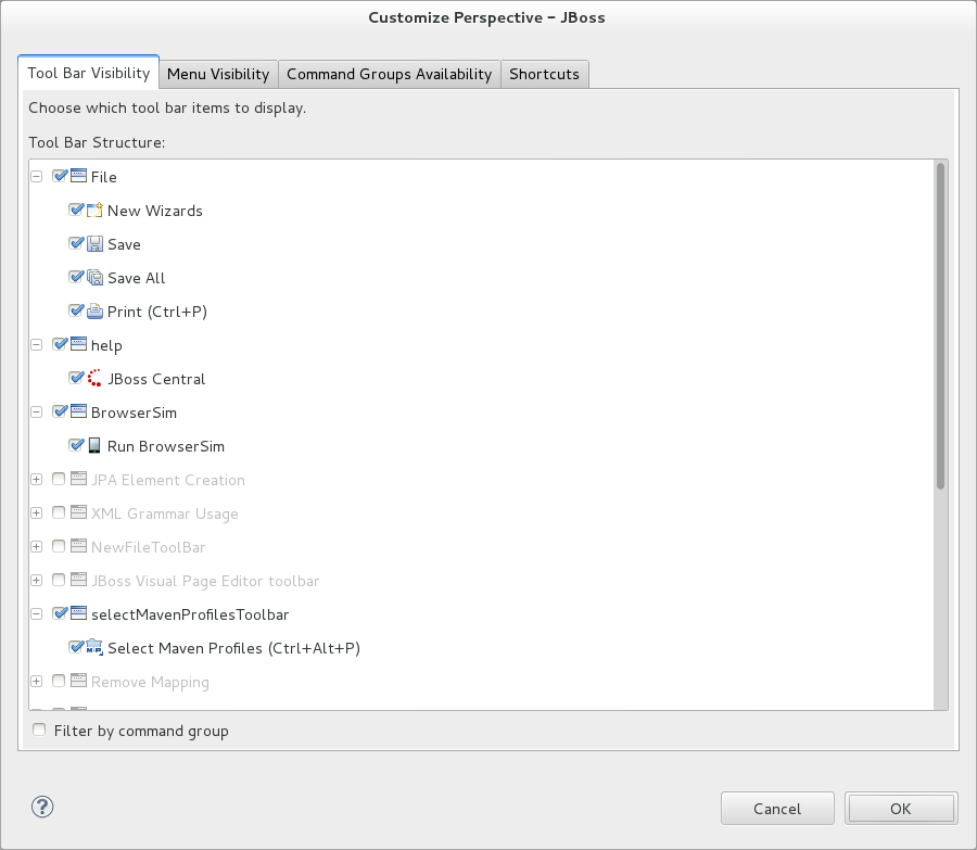 To customize the JBoss perspective, ensure it is the current perspective and click Window→Customize Perspective. In the Tool Bar Visibility tab, select or clear the check boxes corresponding to the individual toolbars and icons visible in the global toolbar of the JBoss perspective as appropriate. Click OK to close the window.