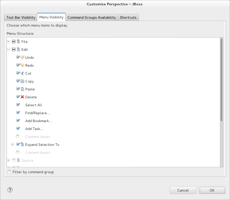 To customize the JBoss perspective, ensure it is the current perspective and click Window→Customize Perspective. In the Menu Visibility tab, select or clear the check boxes corresponding to the menus and menu items visible in the JBoss perspective as appropriate. Click OK to close the window.