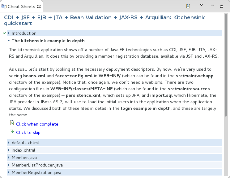 A cheat sheet contained in a project is automatically opened in the Cheat Sheets tab when the project is imported into the workspace with File→Import.
