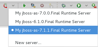 To set a default server, in the global toolbar of the JBoss perspective click the Select a default server icon. From the list of servers, click the server that you want to set as the default.