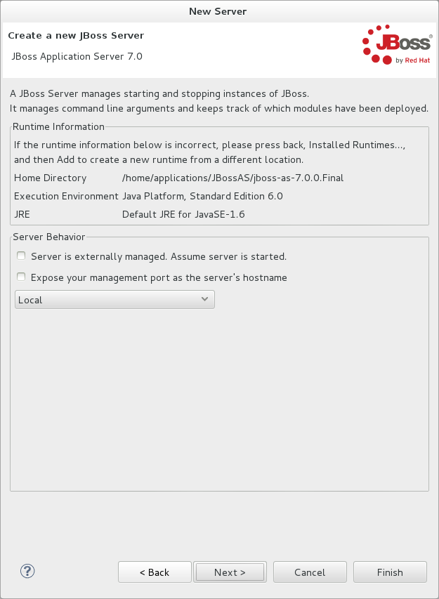 The server behavior options displayed vary depending on the selected application server type. Complete the options as appropriate.