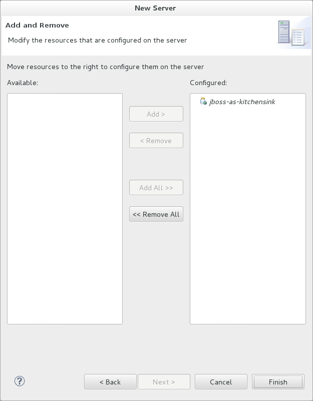 To select applications to deploy with this server, from the Available list select the applications and click Add. Applications to be deployed are detailed in the Configured list.