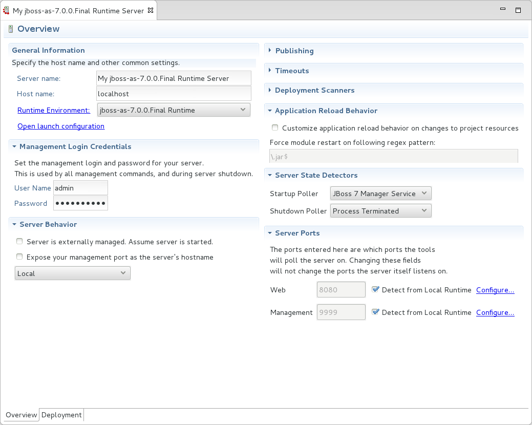 The Overview mode details the settings for the server. Within this mode you can provide management information, specify application publishing and reload behavior, and customize port settings.
