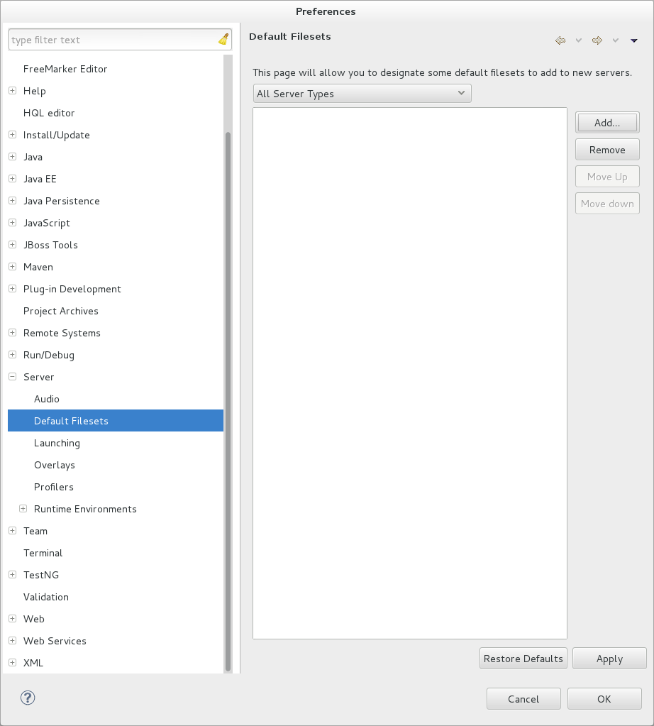 To customize the default fileset for an application server type, click Window→Preferences. Expand Server and select Default Filesets. From the list, select a JBoss community application server type. Click Add or click Remove to customize the default filesets. Click Apply and click OK to close the window.