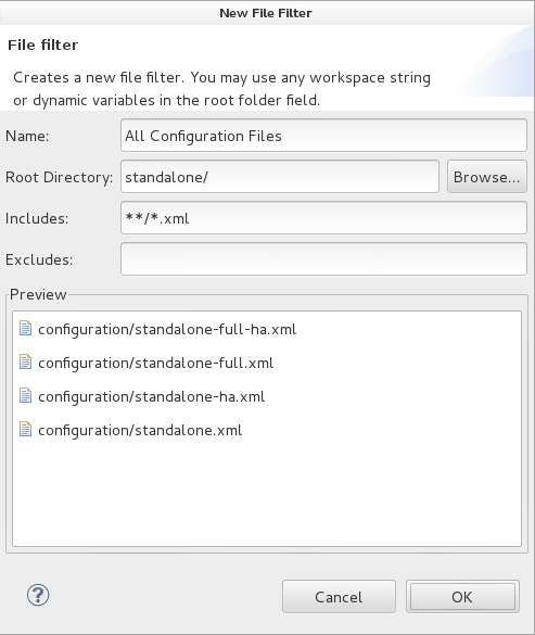 In the Name field, type a name for the filter. In the Root Directory field, type the path of the directory in which the filter should be applied or click Browse to navigate to the location. In the Includes and Excludes fields, type the regex patterns for filtering. Click OK to create the filter.